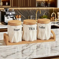 Cream Ceramic Canister Set With Wooden Lids