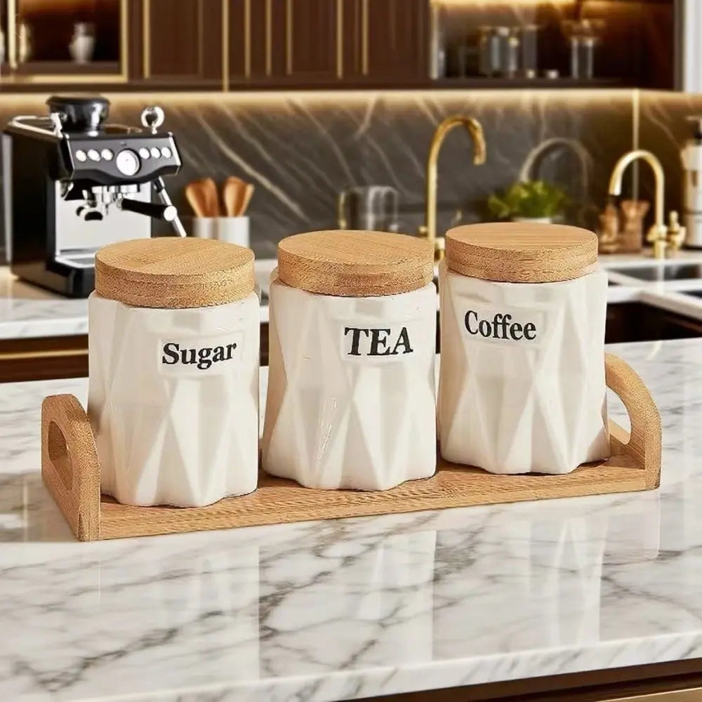 Cream Ceramic Canister Set With Wooden Lids