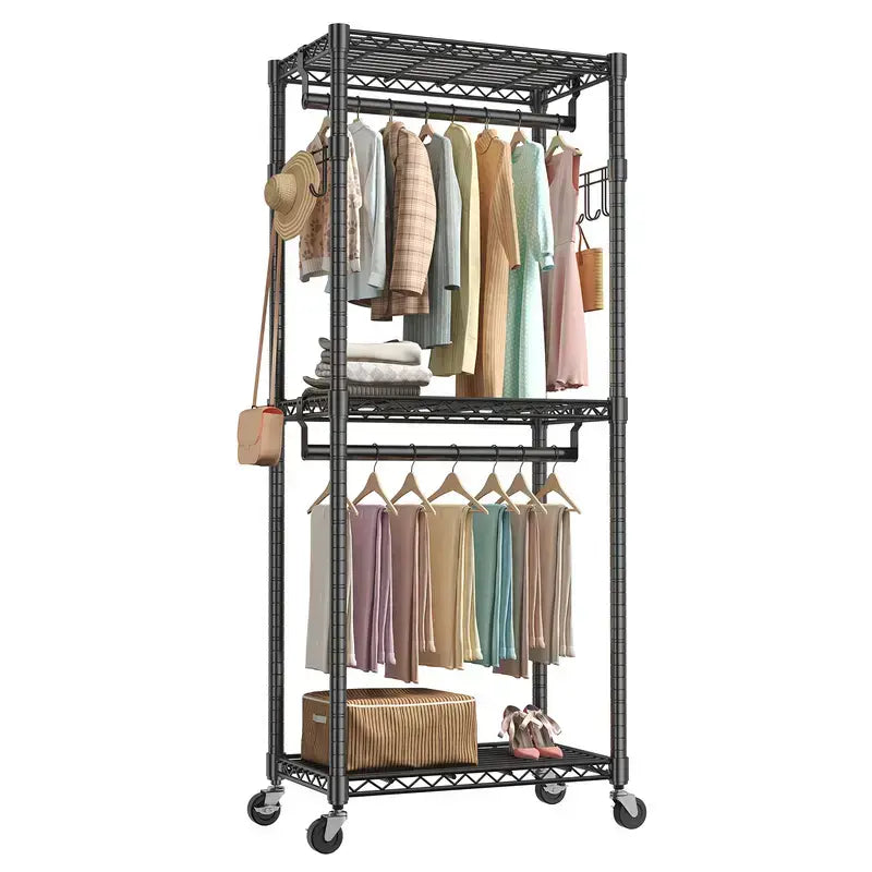 White Metal Rolling Garment Rack with Shelves