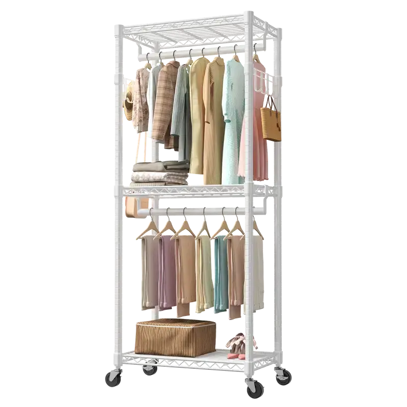White Metal Rolling Garment Rack with Shelves