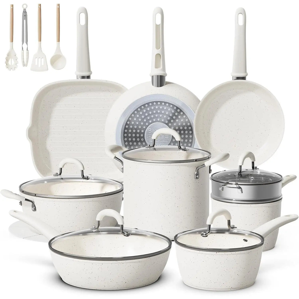 Cream Speckled Cookware Set with Glass Lids