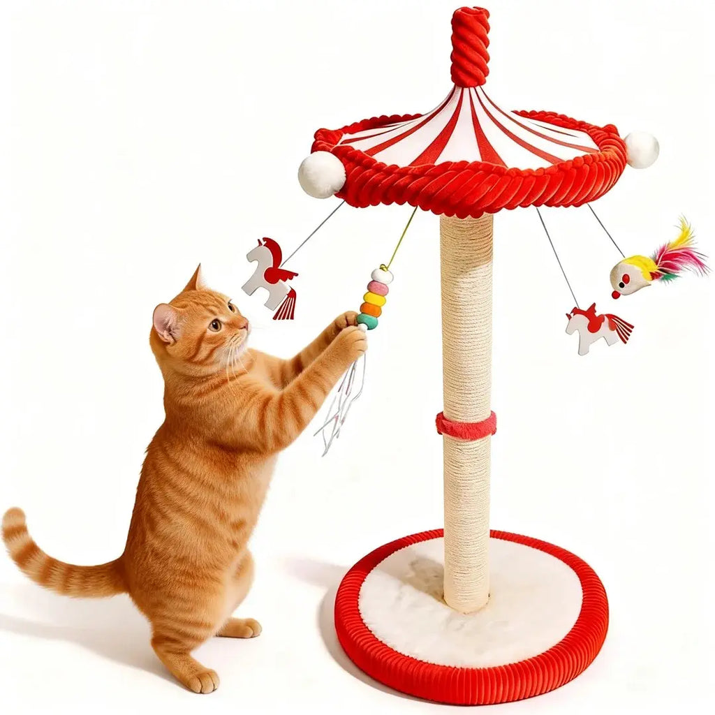 Red and Cream Cat Scratching Post with Toys