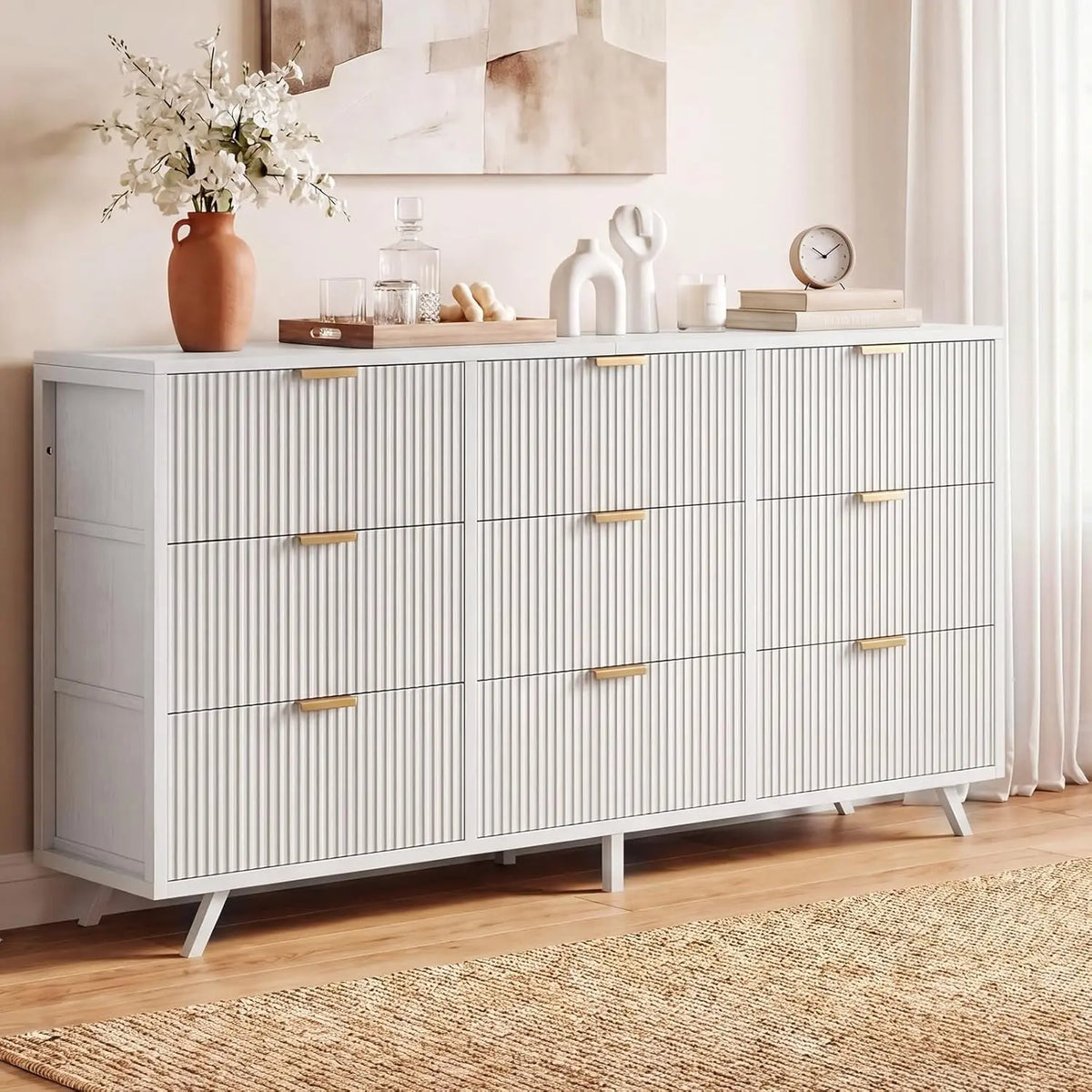 White Fluted Nine-Drawer Dresser with Gold Pulls