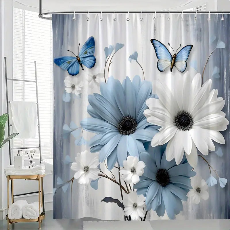 Blue and White Floral Shower Curtain Set