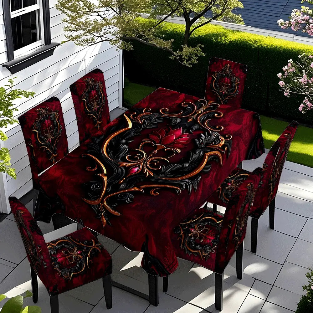 Dark Red Baroque Print Tablecloth and Chair Cover Set