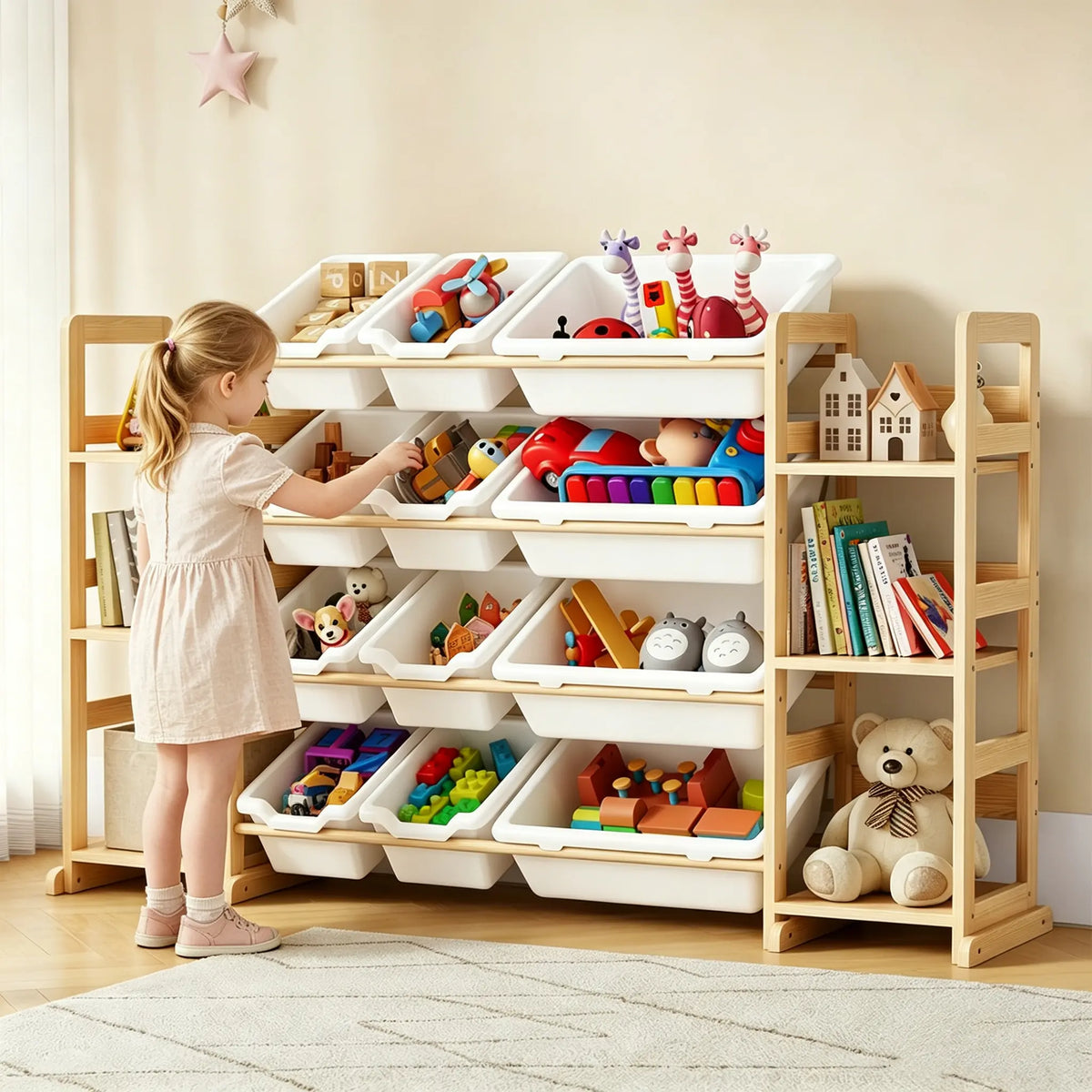 Natural Wood Toy Shelf with White Storage Bins