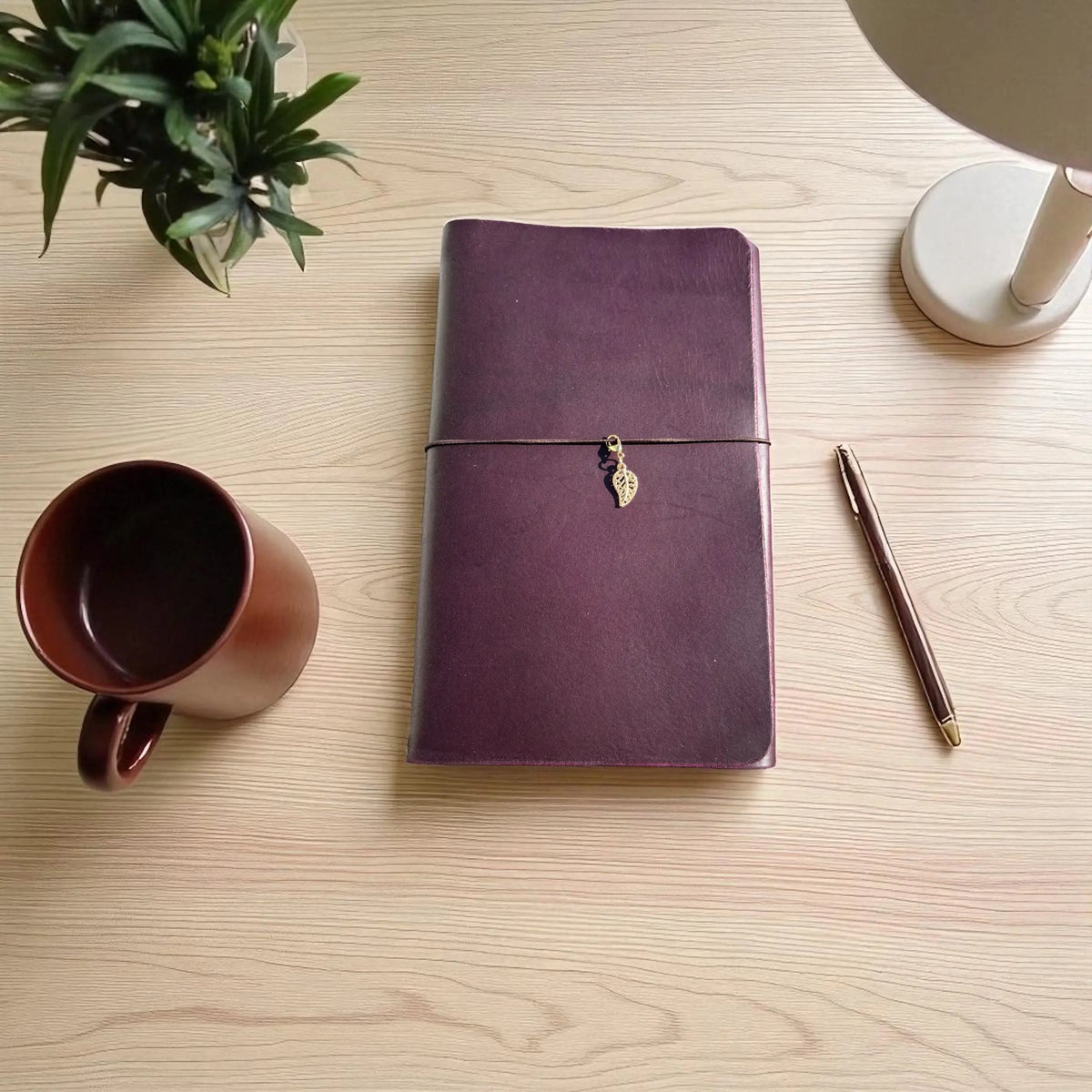 Plum Leather Wrap Notebook Cover with Leaf Charm