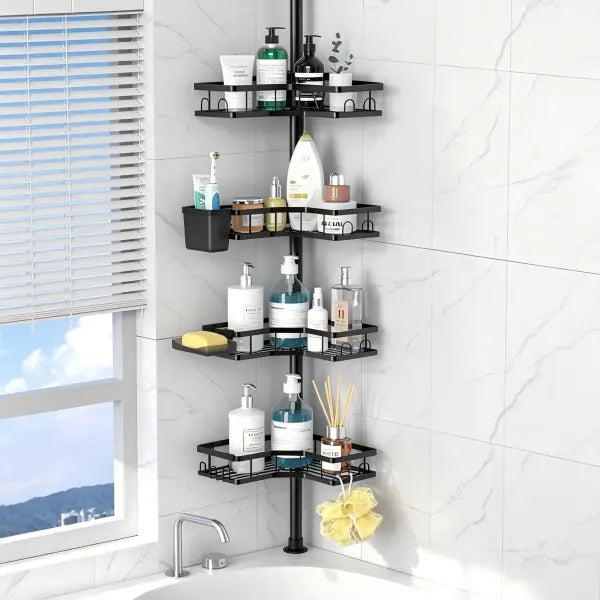 Black Four-Tier Corner Shower Shelf with Pole
