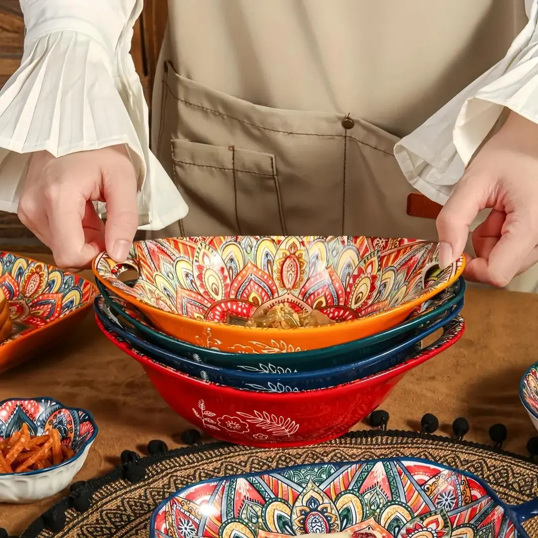 Colourful Patterned Ceramic Bowls with Side Handles