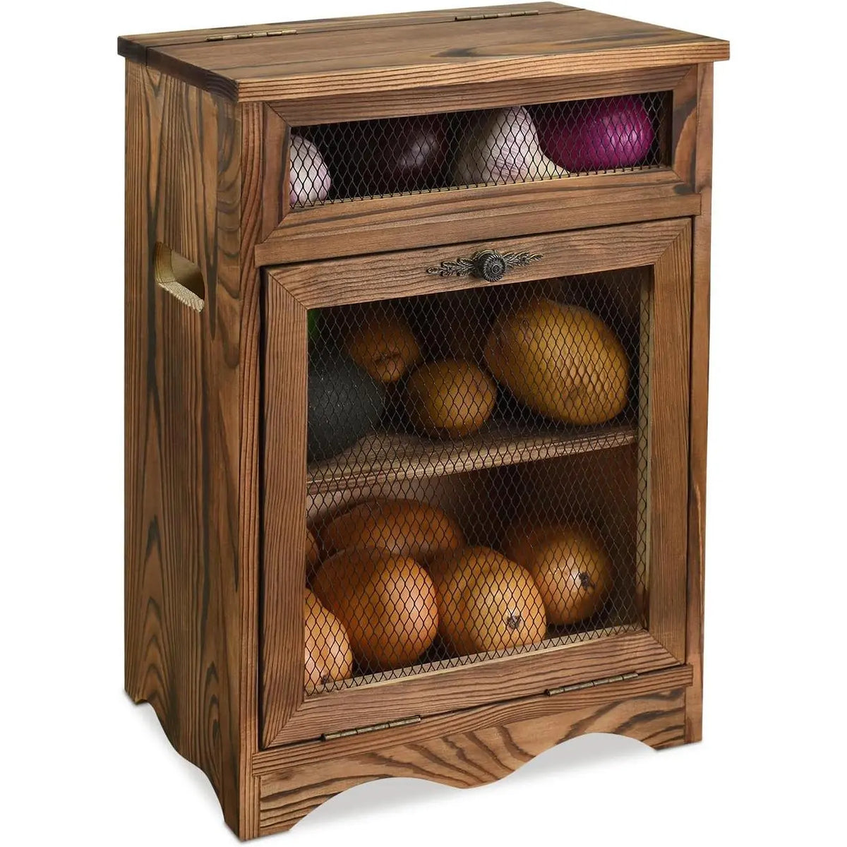 Rustic Wooden Produce Storage Cabinet With Mesh Doors