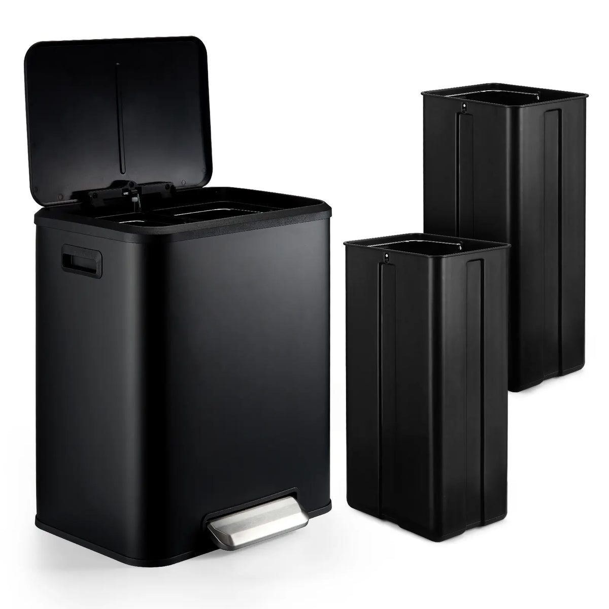 Black Metal Step Trash Can with Two Inner Bins