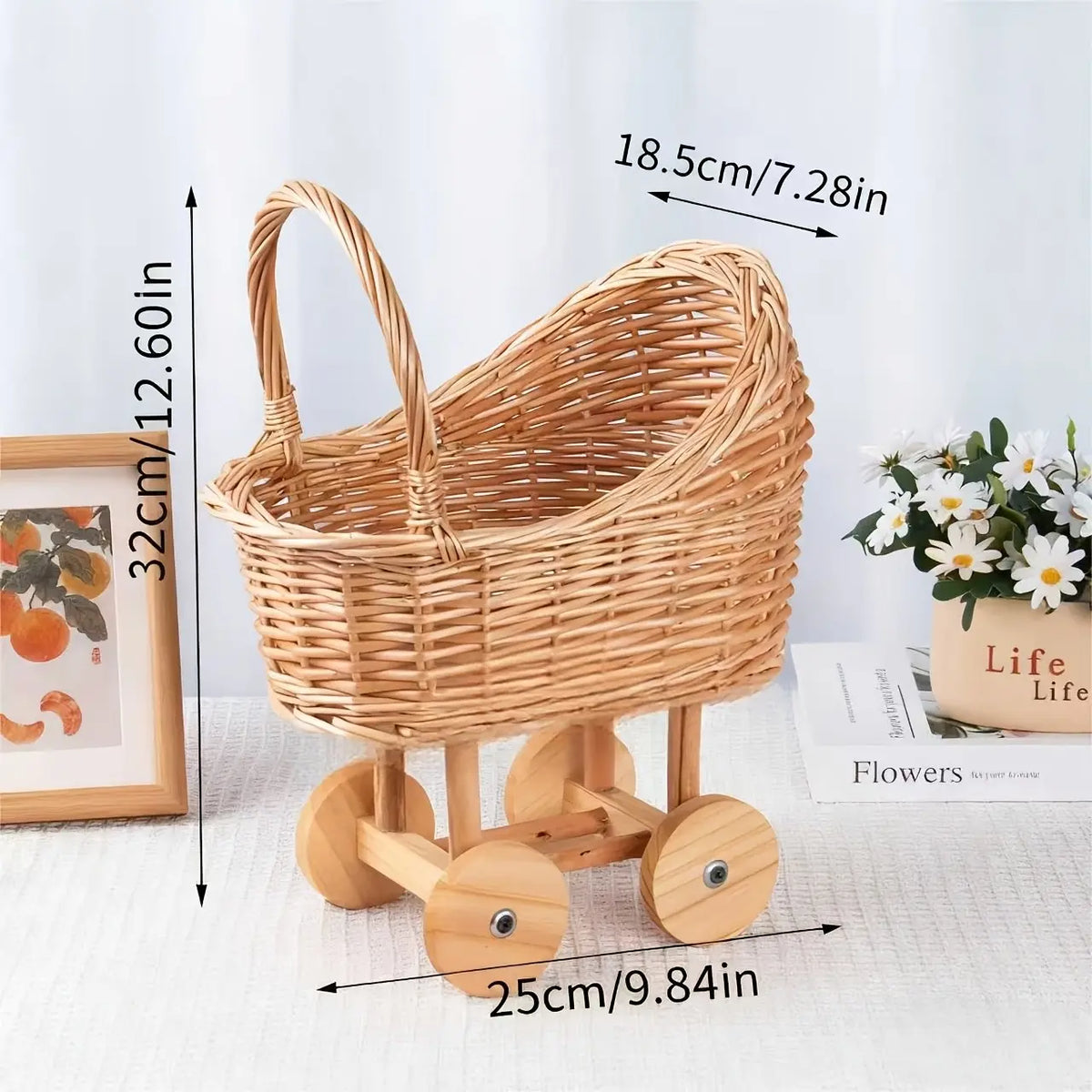 Woven Wicker Pram Basket on Wooden Wheels