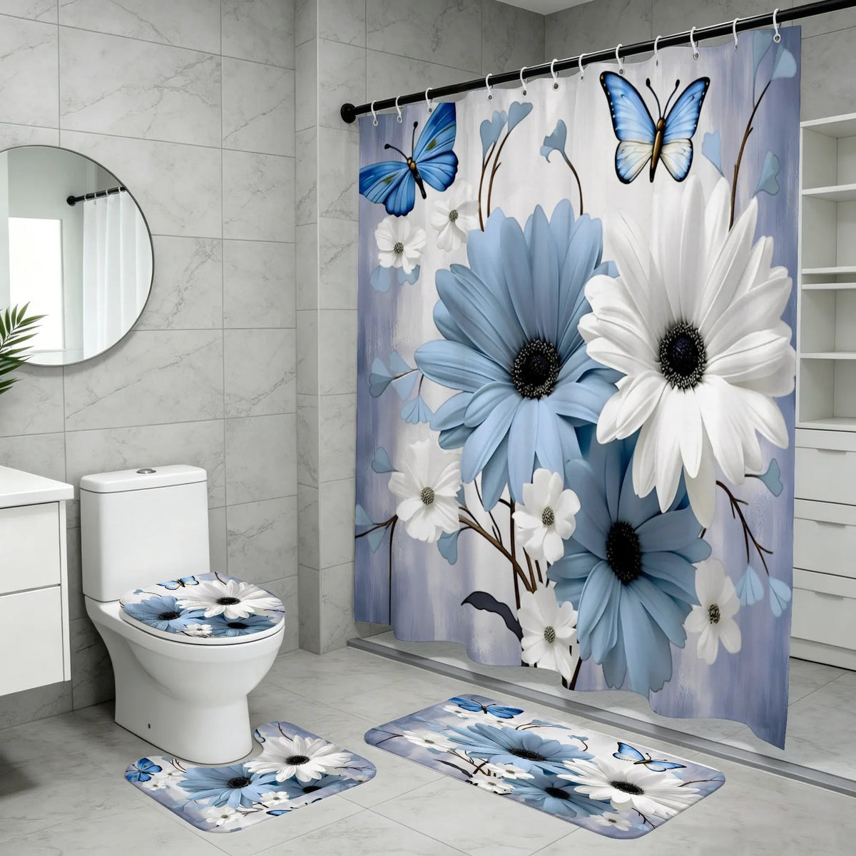 Blue and White Floral Shower Curtain Set