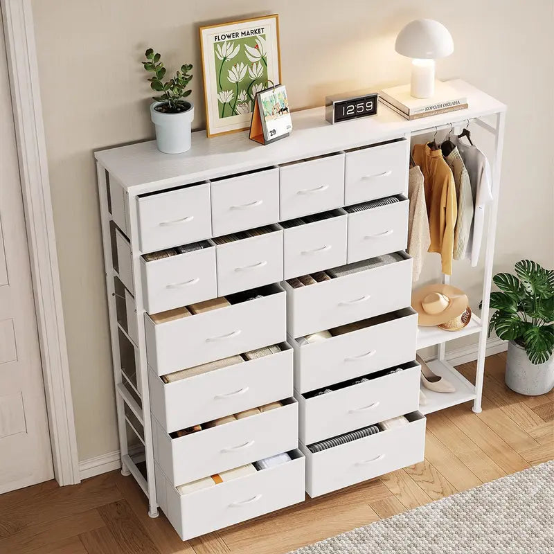 White Dresser with Fabric Drawers and Hanging Rail