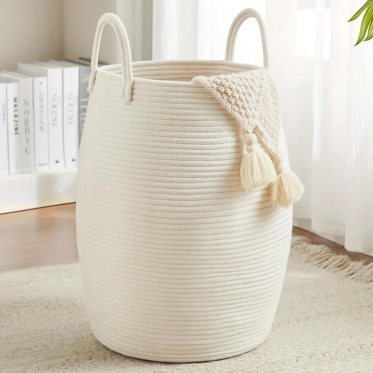 Tall Cream Rope Basket with Two Handles