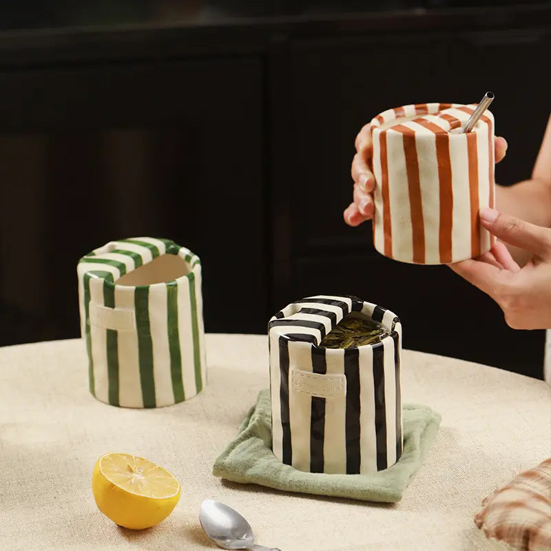 Hand-Painted Striped Ceramic Cups in Three Colours