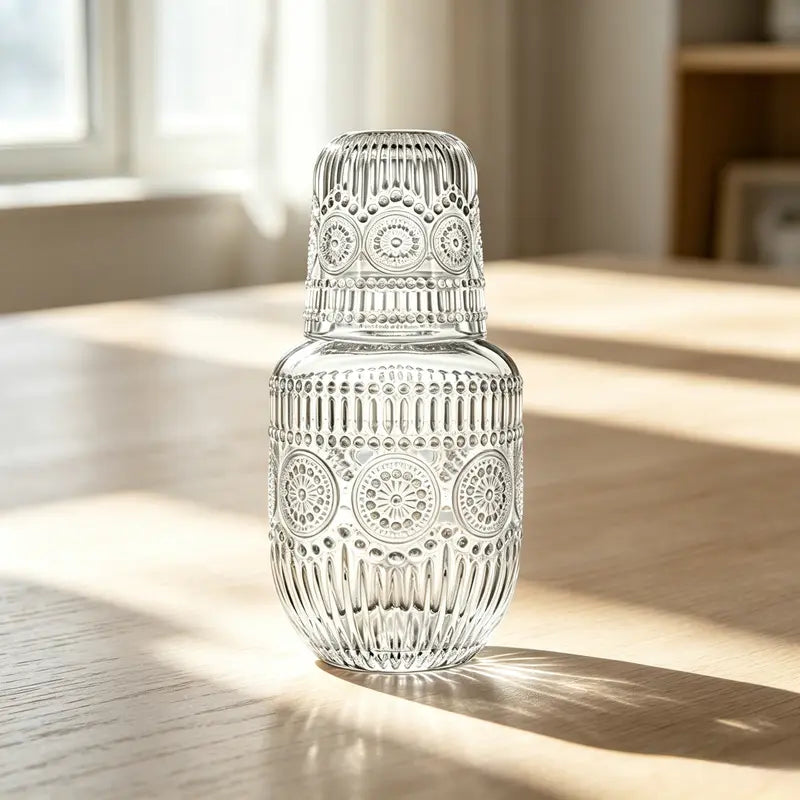 Embossed Clear Glass Carafe and Cup Set