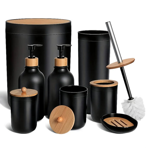 Black and Bamboo Bathroom Accessory Set
