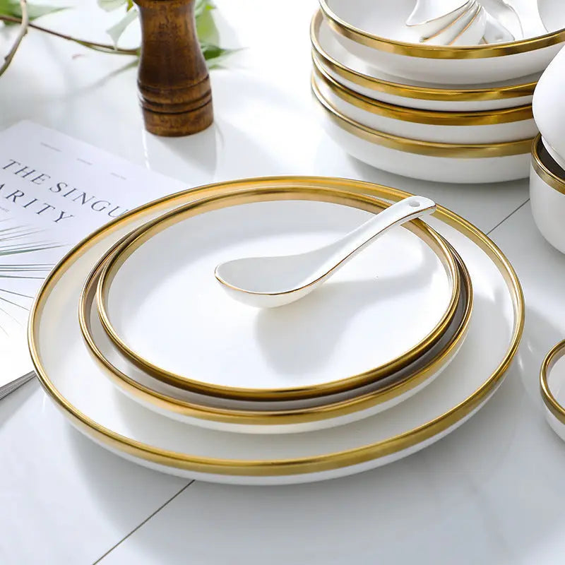 White Ceramic Dinnerware Set with Gold Rims
