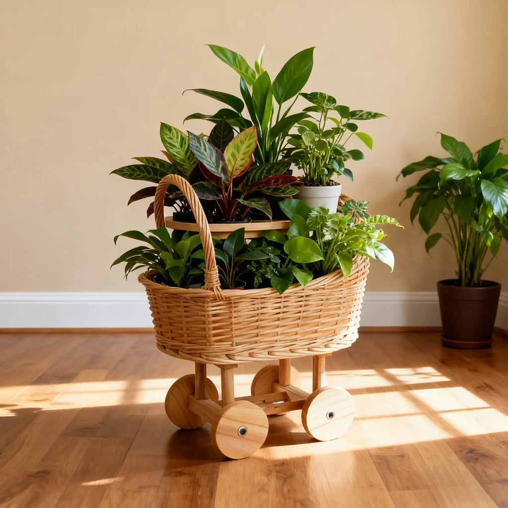 Woven Wicker Pram Basket on Wooden Wheels