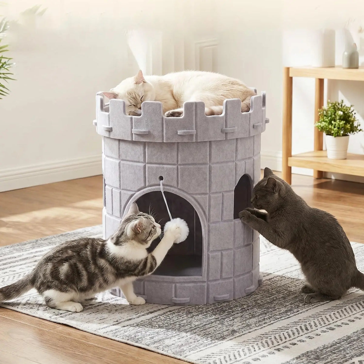 Grey Felt Castle Cat House with Hanging Ball