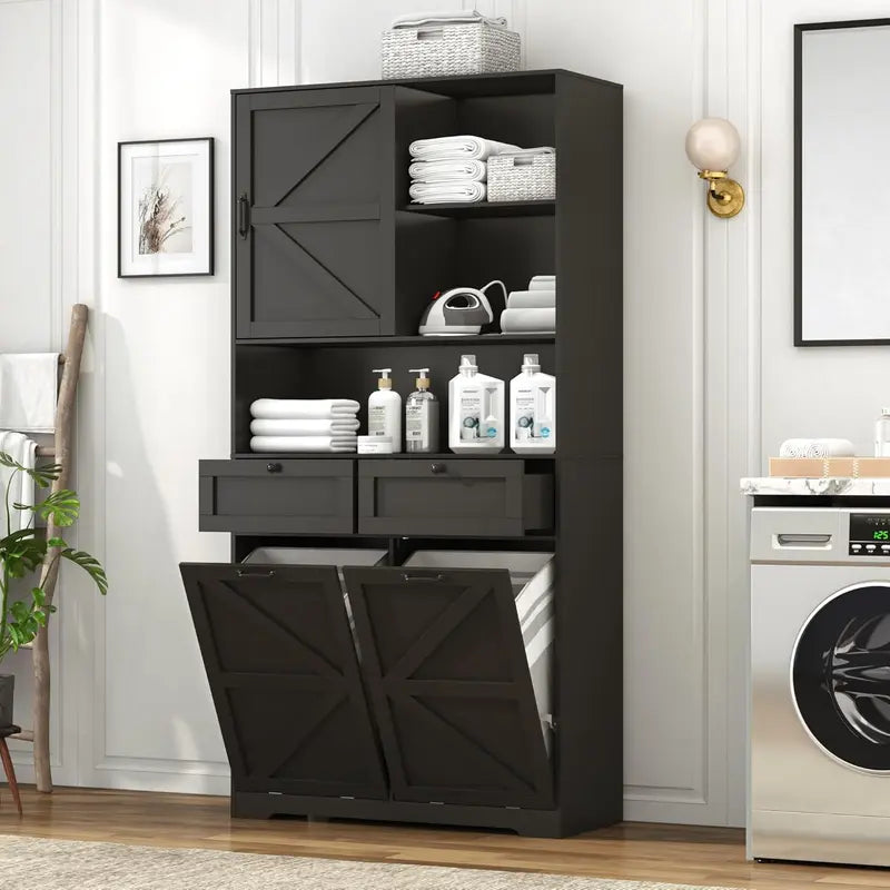 Tall White Laundry Cabinet with Tilt-Out Hampers