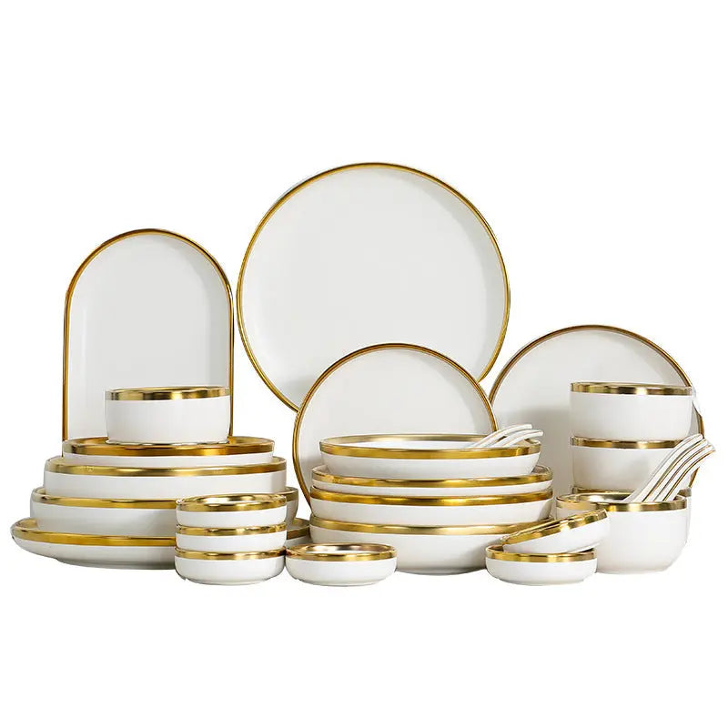 White Ceramic Dinnerware Set with Gold Rims