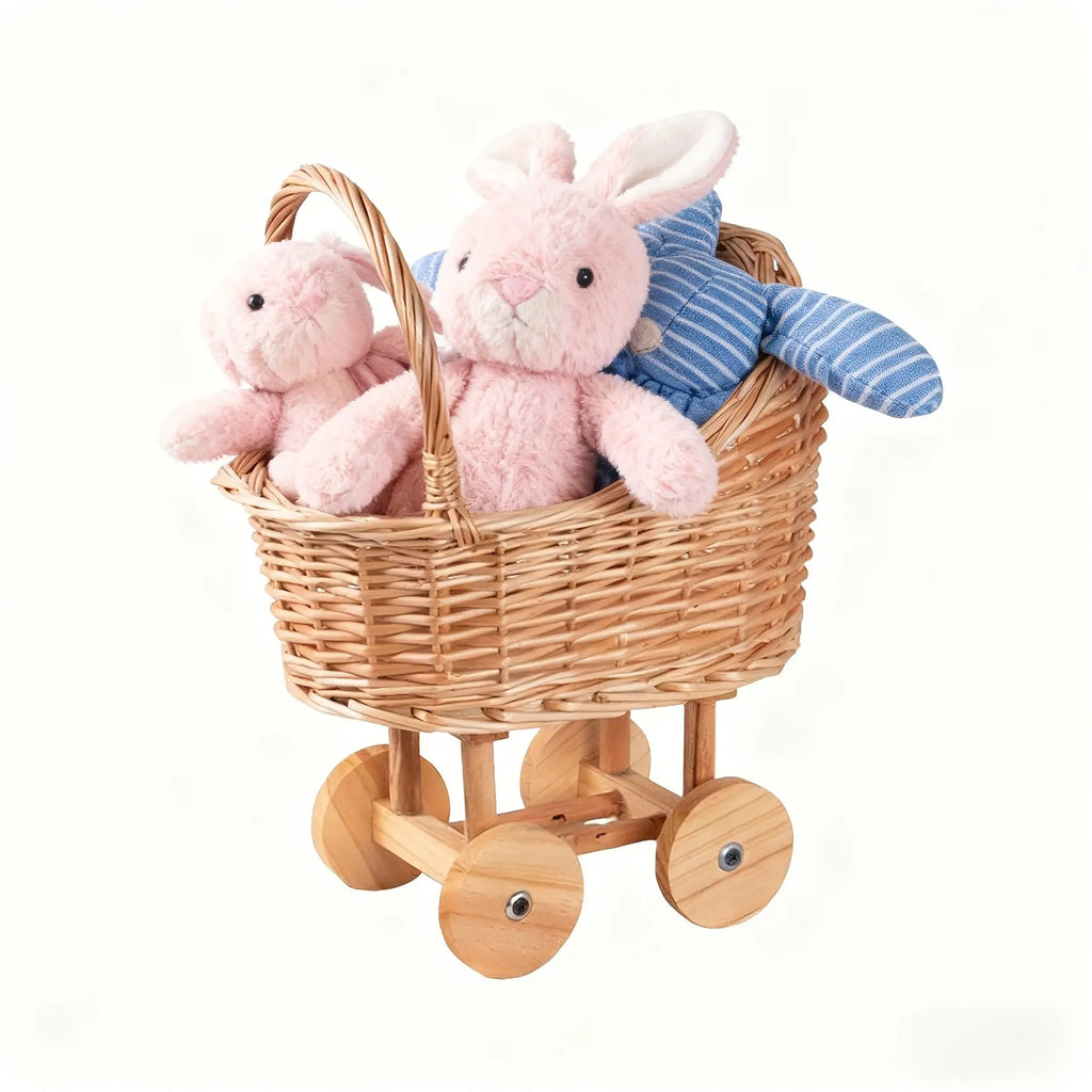Woven Wicker Pram Basket on Wooden Wheels