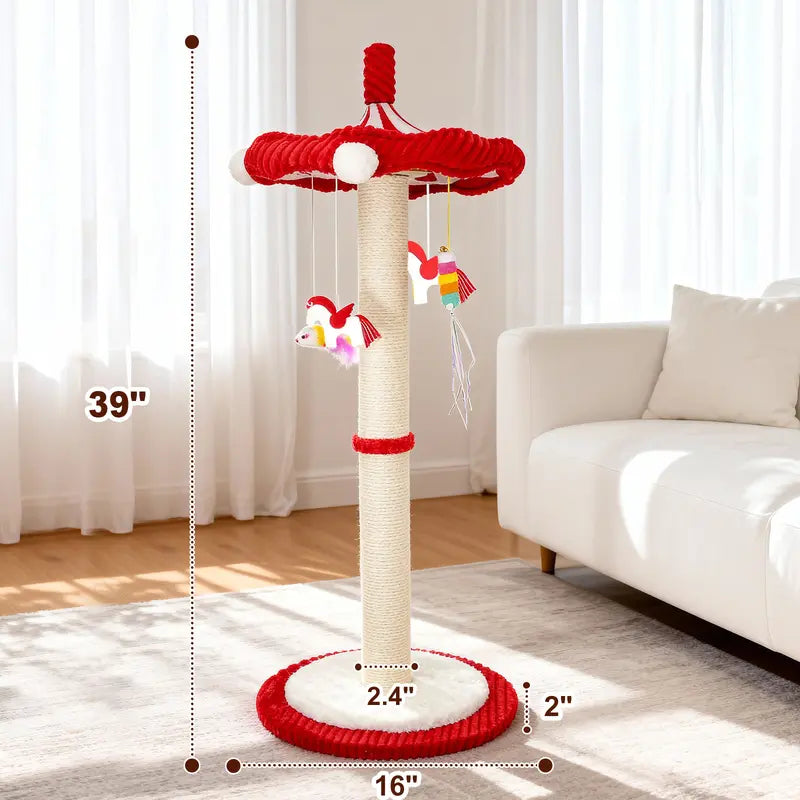 Red and Cream Cat Scratching Post with Toys