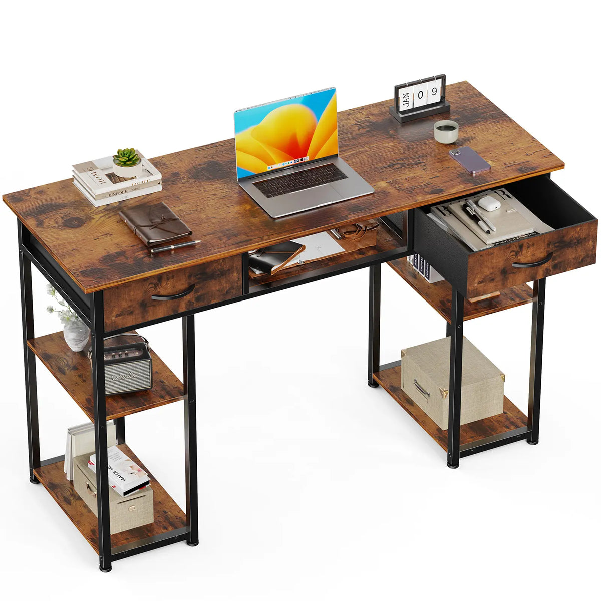 Rustic Brown Desk with Drawers and Open Shelves