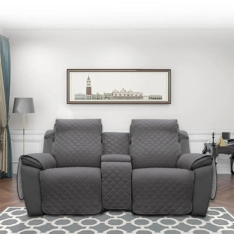 Gray Quilted Recliner Loveseat Cover with Console