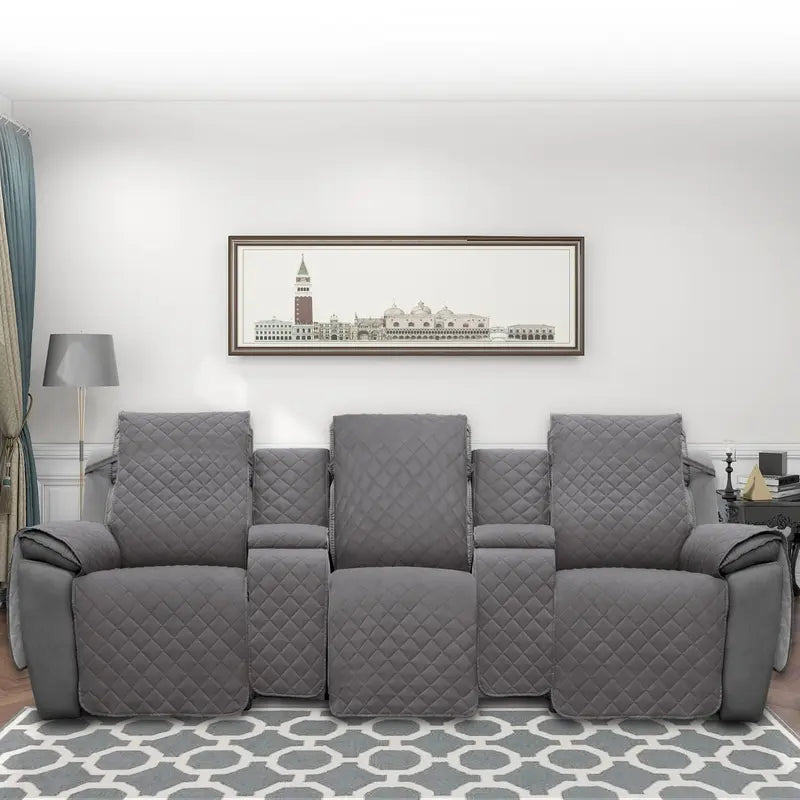 Gray Quilted Recliner Loveseat Cover with Console