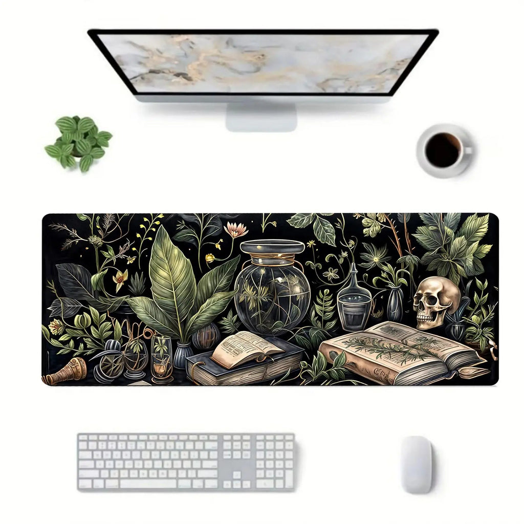 Large Black Desk Mat with Botanical Skull Print