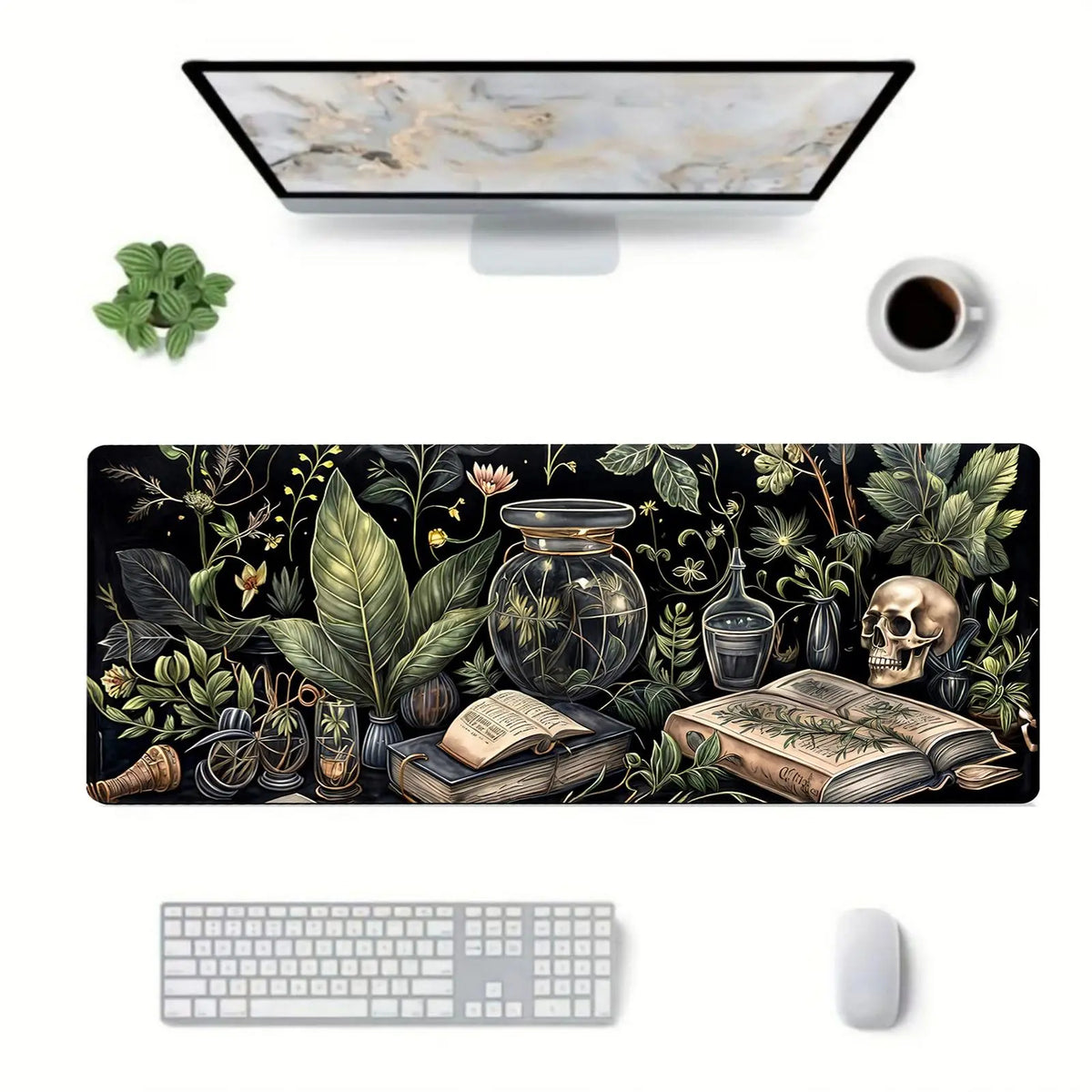 Large Black Desk Mat with Botanical Skull Print