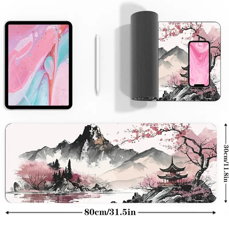 Extended Desk Mat with Ink Landscape Print