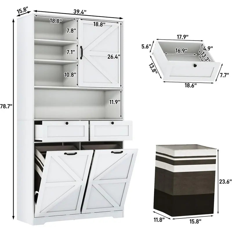 Tall White Laundry Cabinet with Tilt-Out Hampers