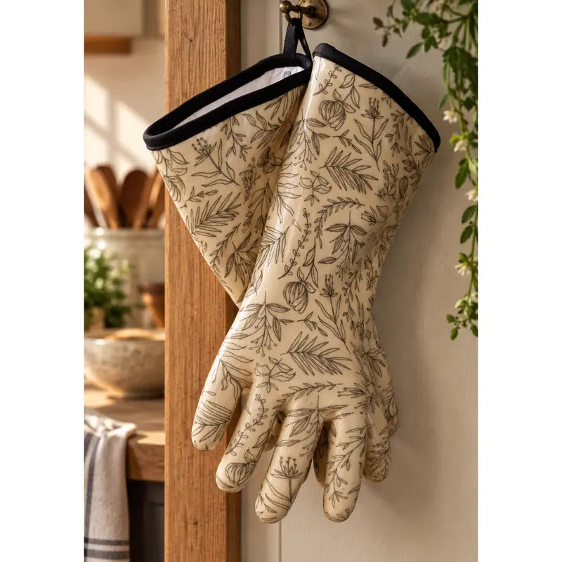 Cream Floral Print Oven Gloves with Black Edging