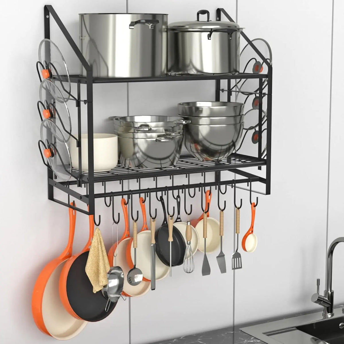 Two-Tier Black Wall Pot Rack with Hooks