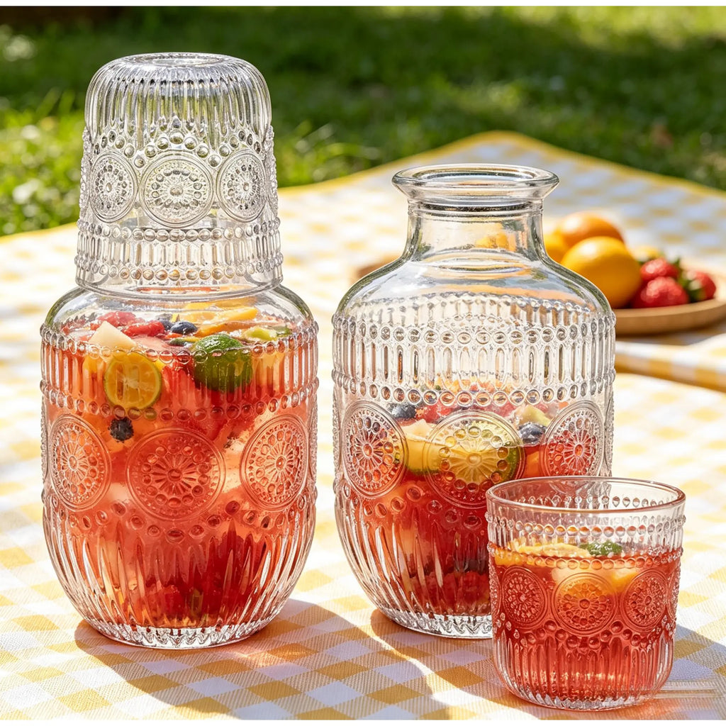 Embossed Clear Glass Carafe and Cup Set