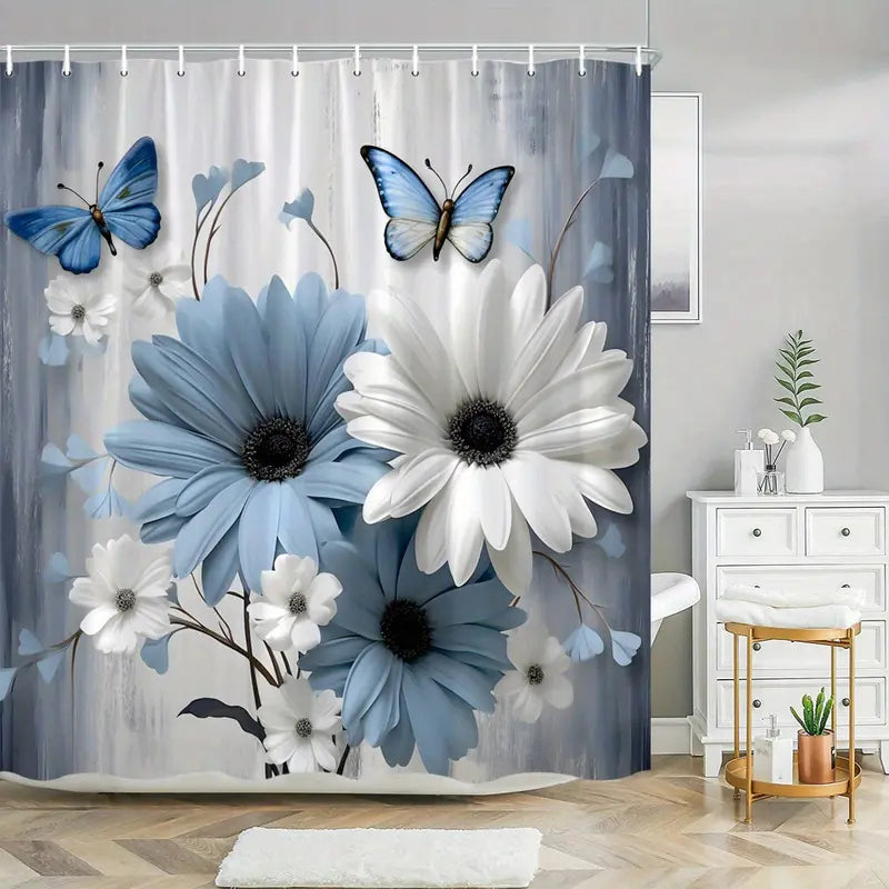 Blue and White Floral Shower Curtain Set