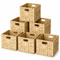 Six Woven Water Hyacinth Storage Baskets with Cutout Handles