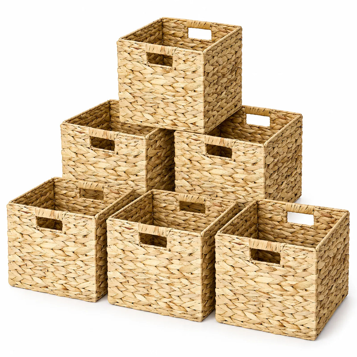 Six Woven Water Hyacinth Storage Baskets with Cutout Handles