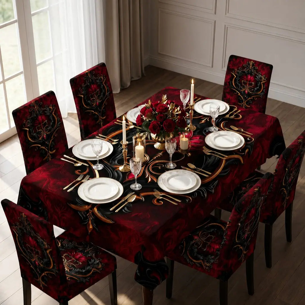 Dark Red Baroque Print Tablecloth and Chair Cover Set