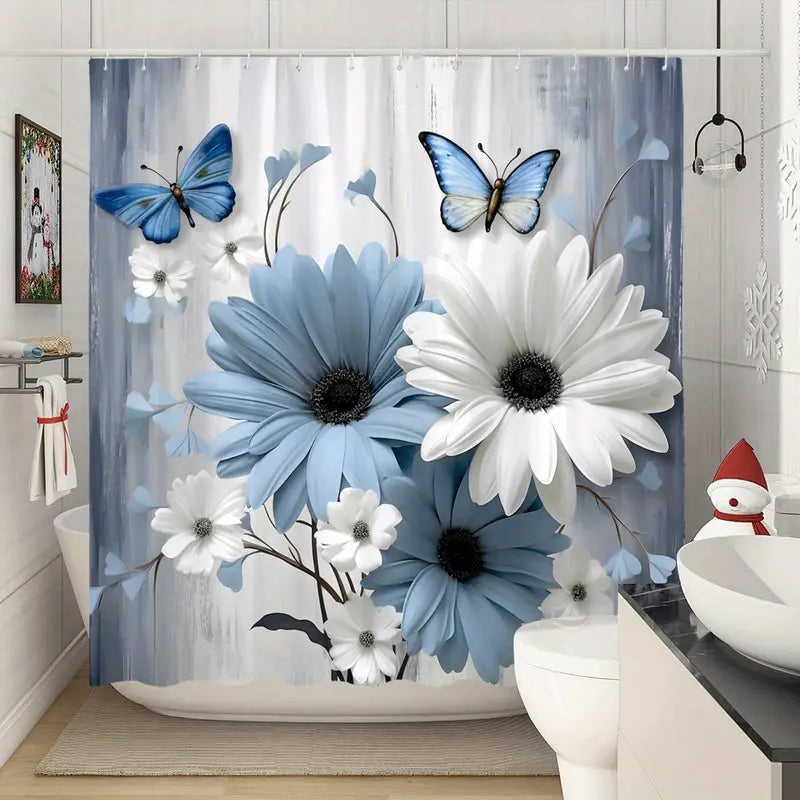 Blue and White Floral Shower Curtain Set