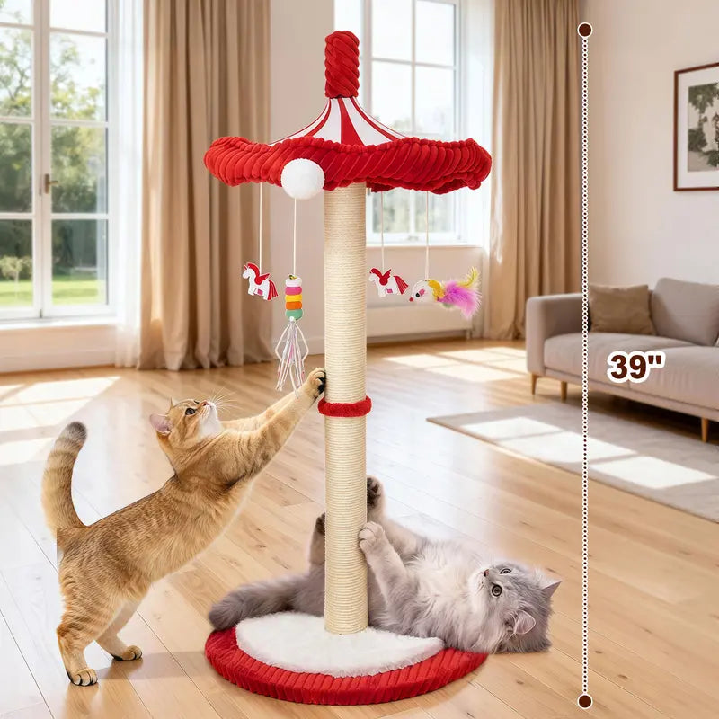 Red and Cream Cat Scratching Post with Toys