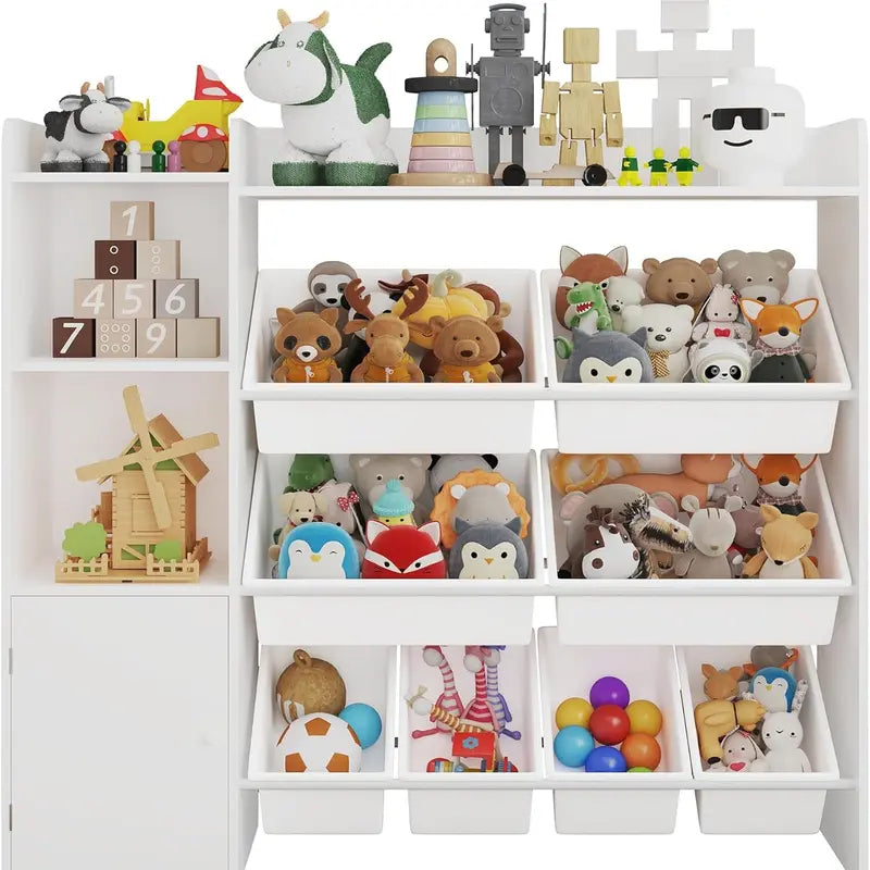 White Wooden Toy Organizer With Green and Yellow Bins