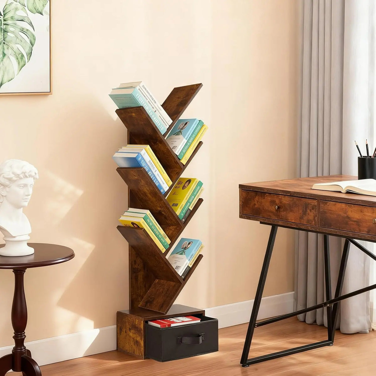 Rustic Brown Wooden Tree Bookshelf With Drawer