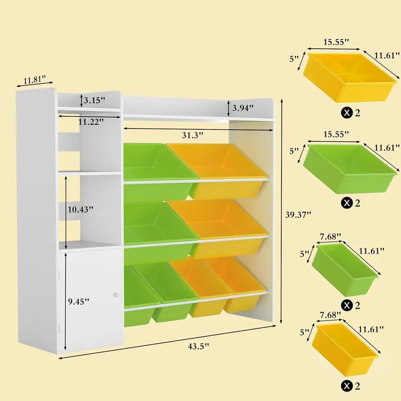 White Wooden Toy Organizer With Green and Yellow Bins