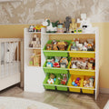 White Wooden Toy Organizer With Green and Yellow Bins