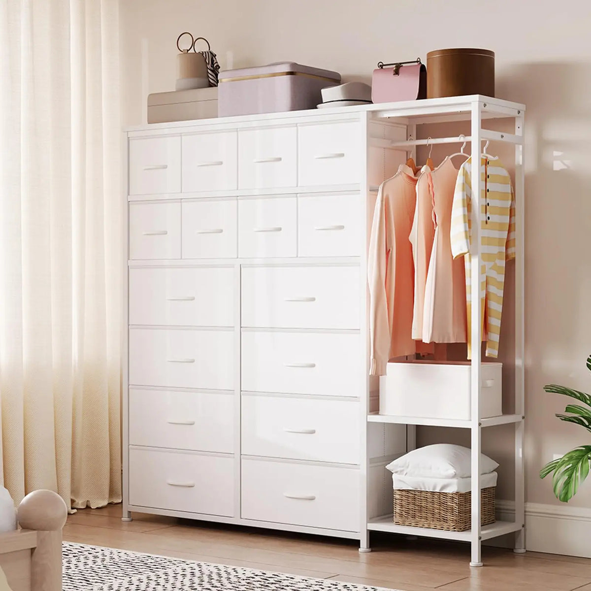 White Dresser with Fabric Drawers and Hanging Rail